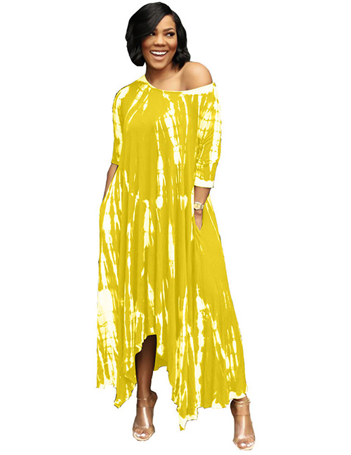 Fashion Yellow Polyester Wide Neck Tie Dye Dress