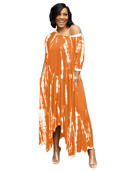Fashion Orange Polyester Wide Neck Tie Dye Dress