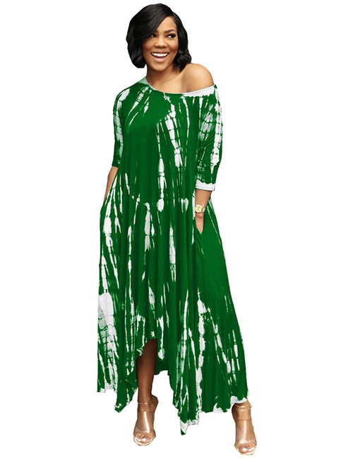 Fashion Green Polyester Wide Neck Tie Dye Dress