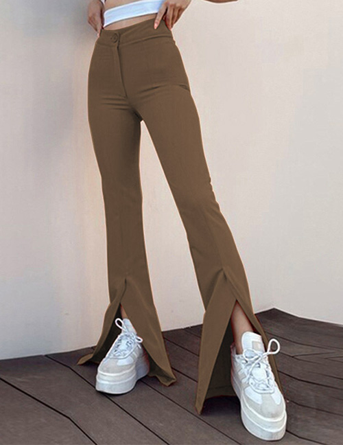 Fashion Khaki Solid Color Slit Flared Trousers