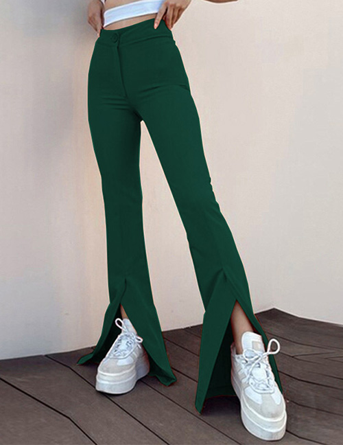 Fashion Dark Green Solid Color Slit Flared Trousers