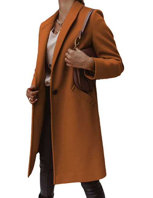 Fashion Brown Solid Color Lapel Button Wool Coat