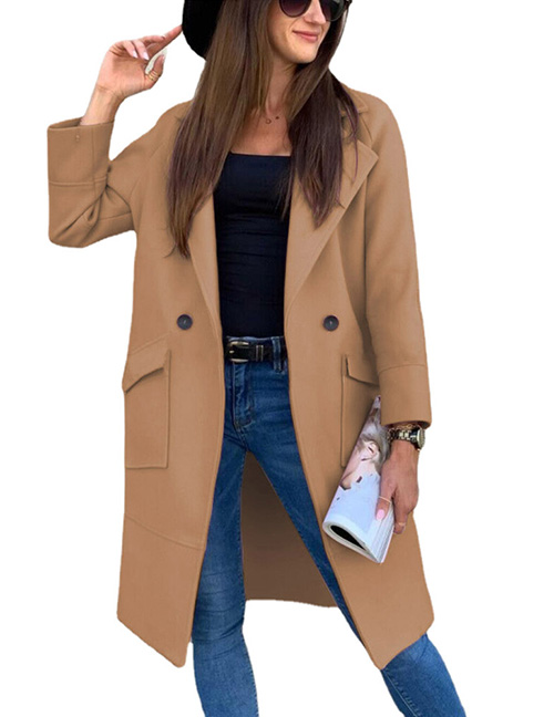 Fashion Khaki Solid Color Suit Collar Pocket Wool Jacket