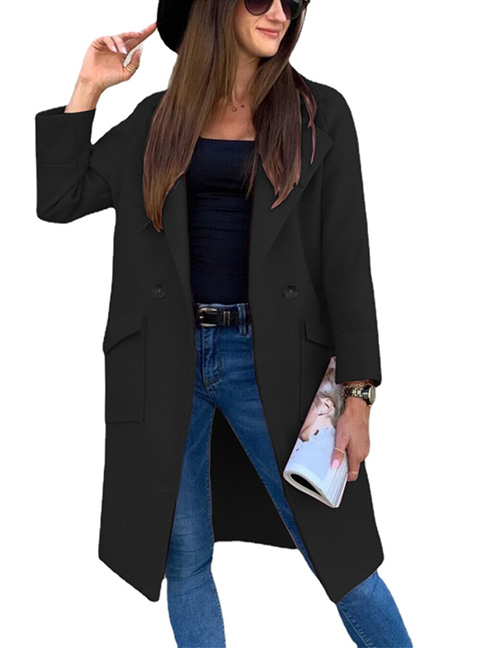 Fashion Black Solid Color Suit Collar Pocket Wool Jacket