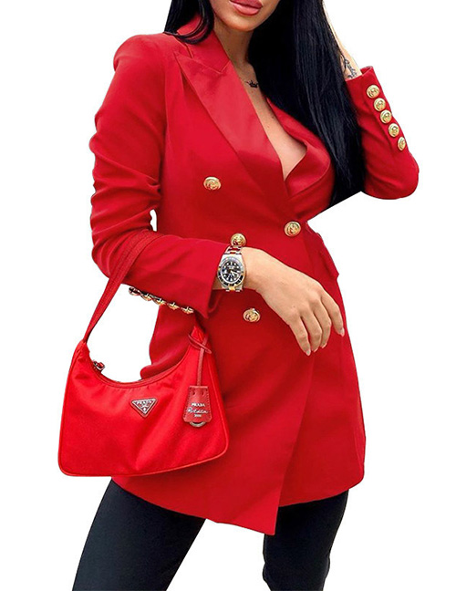 Fashion Red Polyester Long Sleeve Double Breasted Blazer