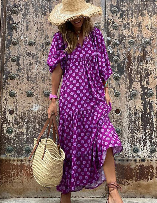 Fashion Purple Polyester Print V-neck Dress