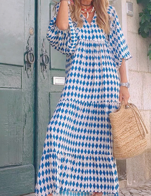 Fashion Blue Polyester Print V-neck Dress