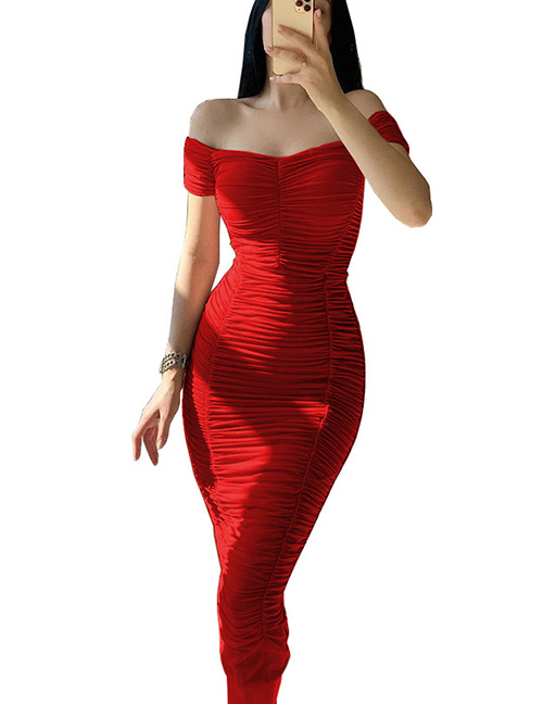 Fashion Red Solid Color One-shoulder Pleated Dress