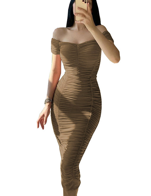 Fashion Khaki Solid Color One-shoulder Pleated Dress