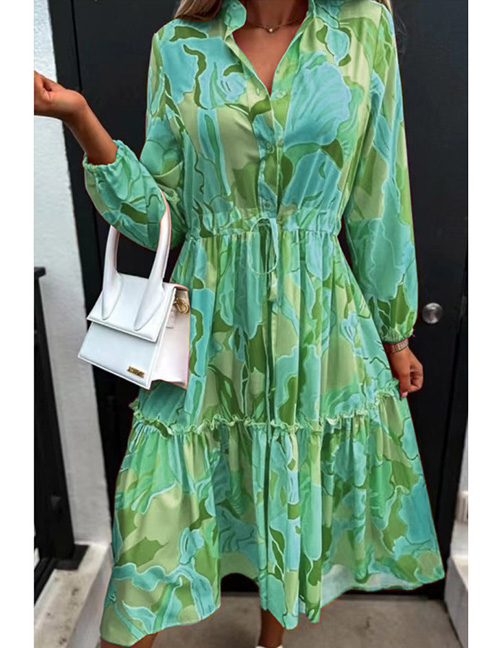 Fashion Green Polyester Print Lace-up V-neck Dress