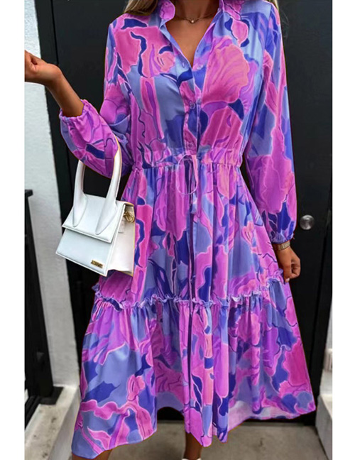 Fashion Purple Polyester Print Lace-up V-neck Dress