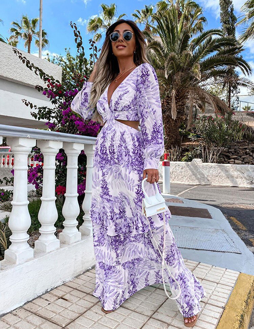 Fashion Purple Polyester Print V-neck Cutout Dress