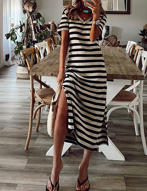 Fashion White Polyester Stripe V-neck Slit Dress
