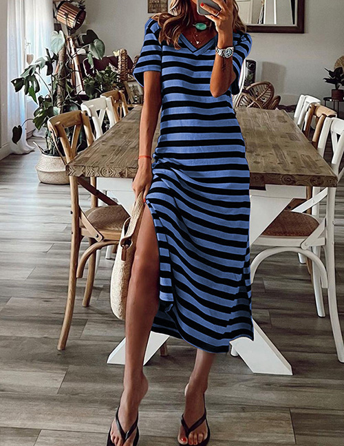 Fashion Blue Polyester Stripe V-neck Slit Dress