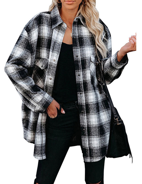 Fashion Black Polyester Check Breasted Jacket