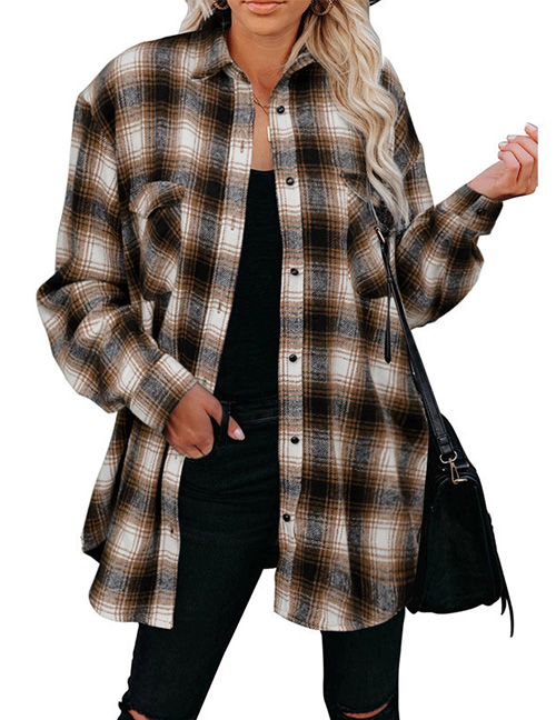 Fashion Brown Polyester Check Breasted Jacket