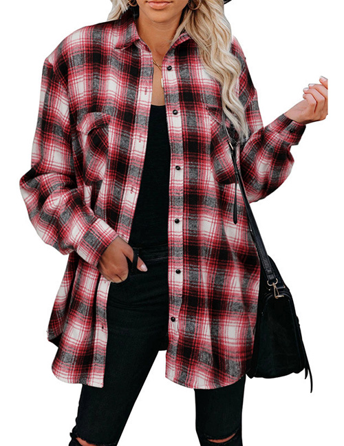 Fashion Red Polyester Check Breasted Jacket