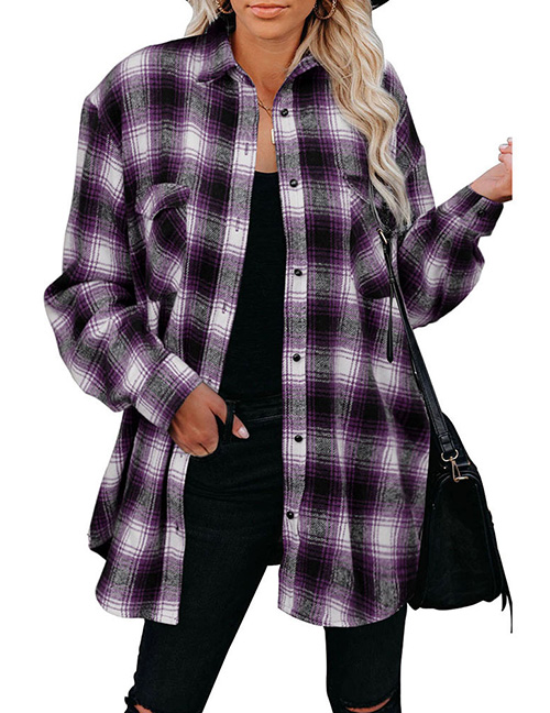 Fashion Purple Polyester Check Breasted Jacket