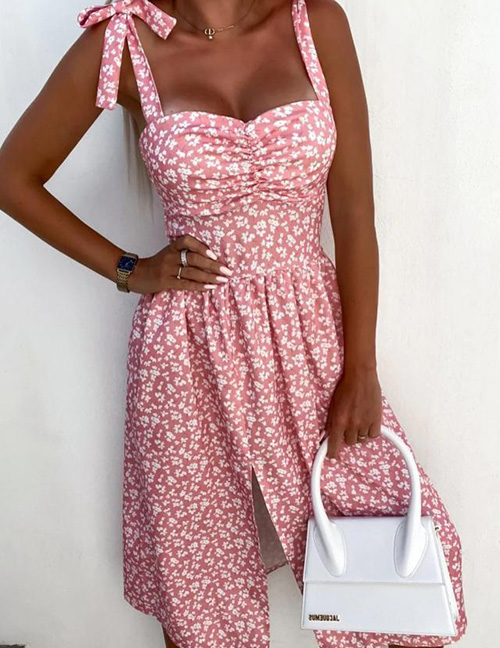 Fashion Pink Polyester Print Slit Dress
