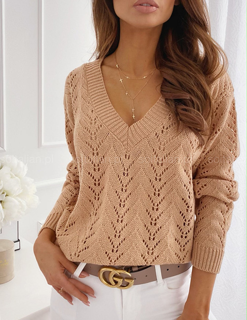 Fashion Khaki Solid V-neck Cutout Sweater