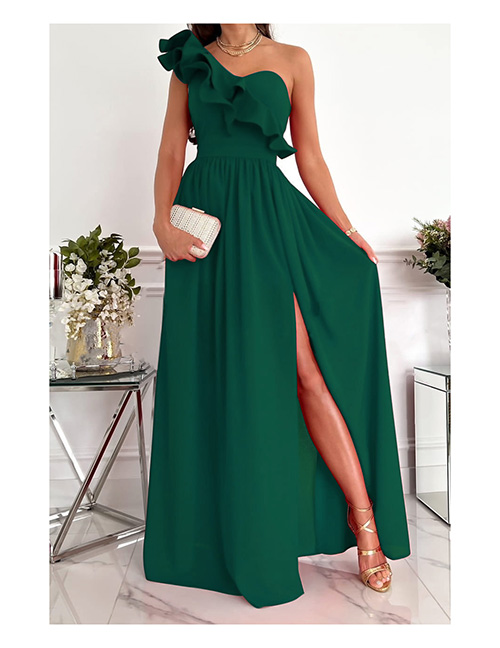 Fashion Green Polyester Ruffled One-shoulder Slit Dress