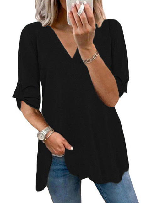 Fashion Black Chiffon V-neck Pullover Long Sleeve Top