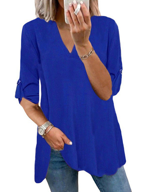 Fashion Royal Blue Chiffon V-neck Pullover Long Sleeve Top