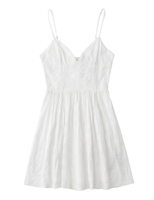 Fashion White Cotton V-neck Cutout Embroidered Dress