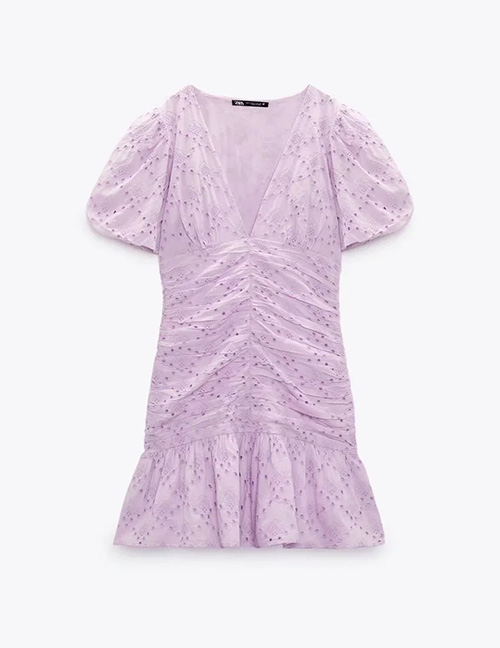 Fashion Pink Cotton V-neck Cutout Embroidered Dress