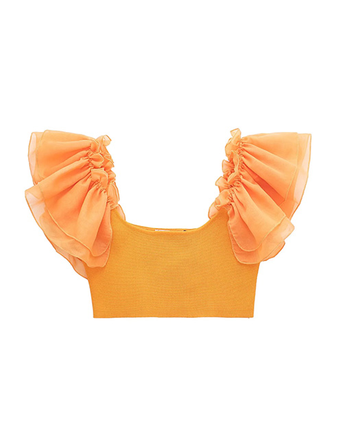 Fashion Orange Geometric Lace Sleeve Square Neck Top