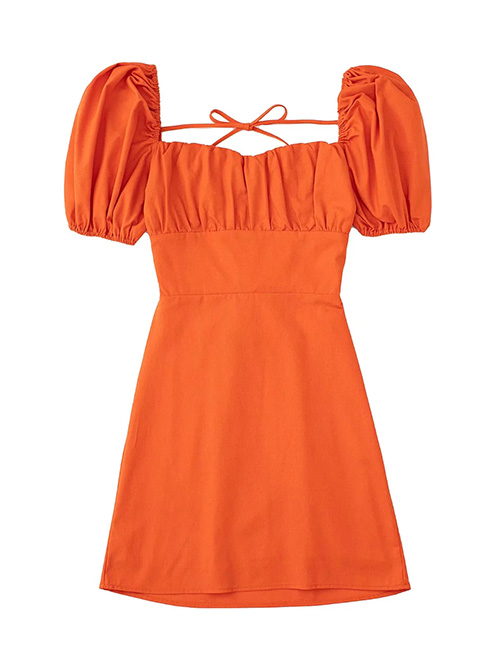 Fashion Orange Cotton Pleated Square Neck Dress