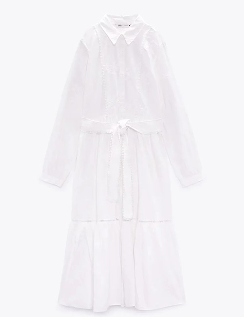 Fashion White Cotton Lapel Lace-up Dress