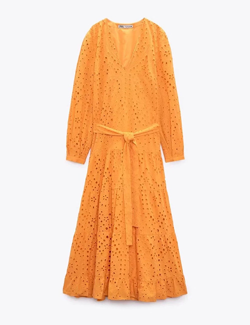 Fashion Orange Cutout Embroidered Dress