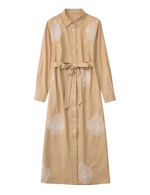 Fashion Khaki Cotton And Linen Print Lace-up Dress