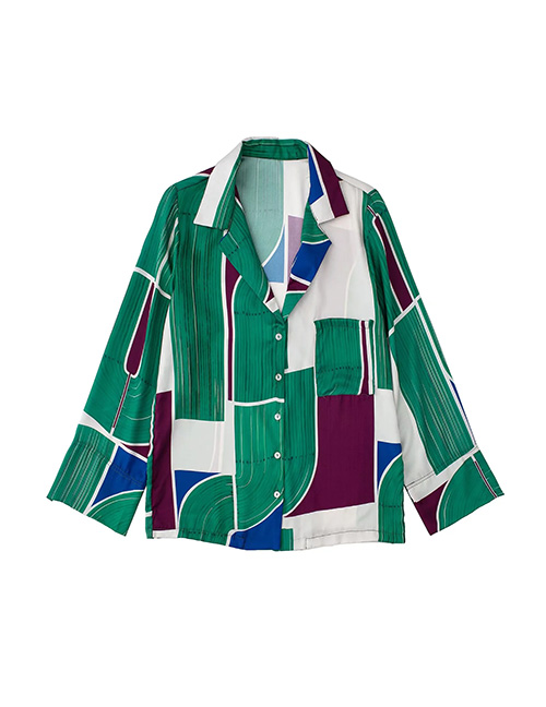 Fashion Green Geometric-print Button-down Lapel Shirt