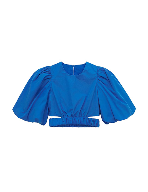 Fashion Blue Cotton Puff Sleeve Cutout Cropped Top
