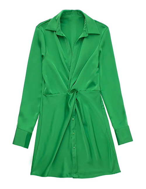 Fashion Green Solid Knotted Lapel Dress