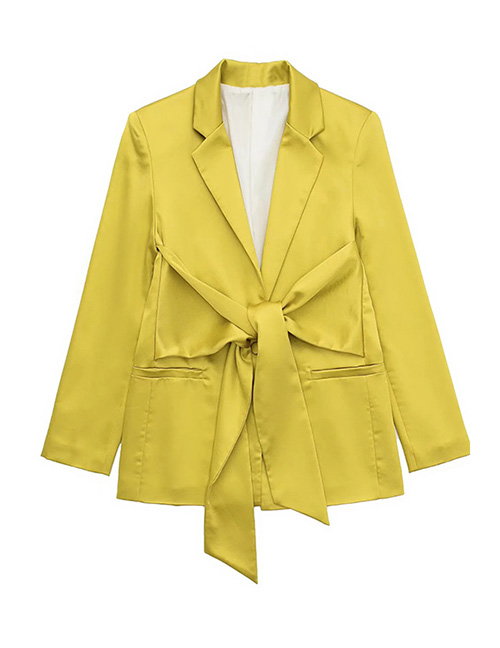 Fashion Yellow Silk Satin Lapel Knotted Blazer