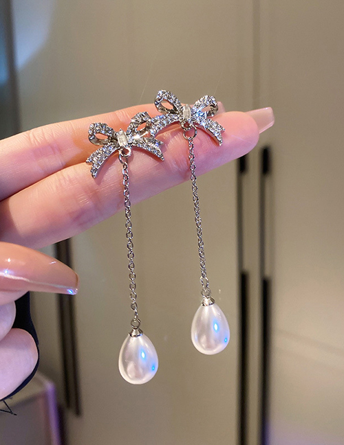 Fashion Silver Geometric Diamond Bow Pearl Tassel Drop Earrings
