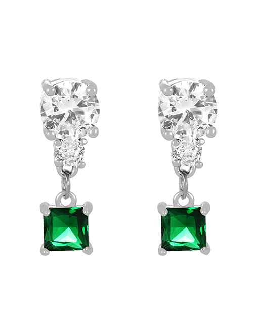 Fashion Silver + Dark Green Copper Zircon Square Stud Earrings