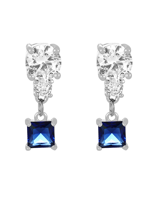 Fashion Silver + Dark Blue Copper Zircon Square Stud Earrings