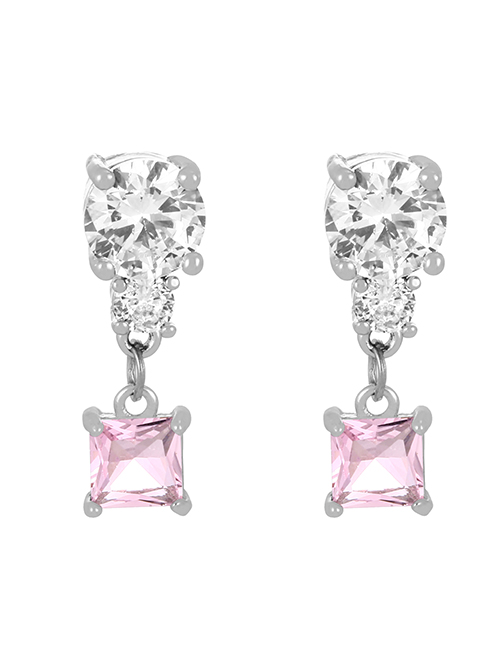 Fashion Silver + Light Pink Copper Zircon Square Stud Earrings
