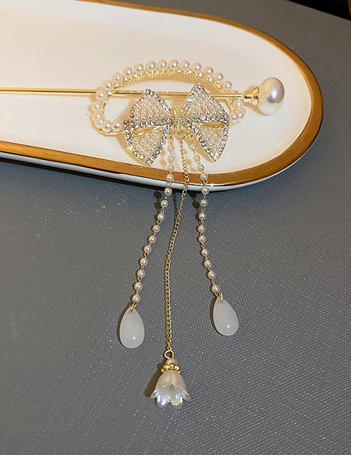 Fashion Golden Hairpin Alloy Diamond Bow Knot Pearl Flower Waterdrop Tassel Hairpin