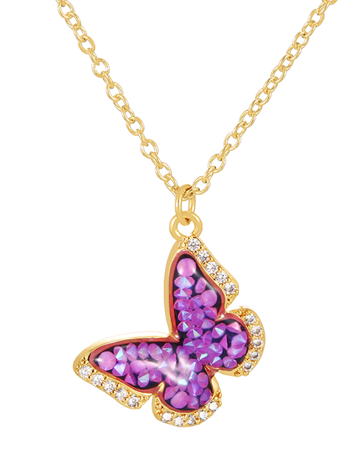 Fashion Purple Bronze Zirconium Oil Drop Butterfly Pendant Necklace