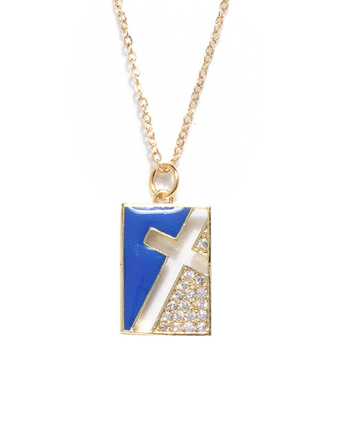 Fashion Blue Bronze Diamond Drop Oil Cross Square Necklace