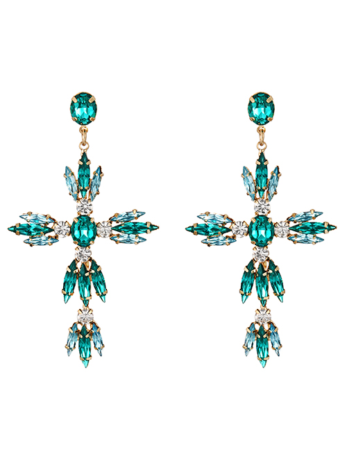 Fashion Lake Green Alloy Diamond Cross Stud Earrings