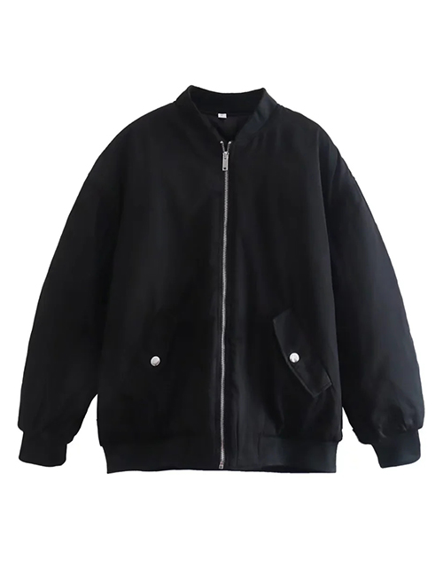 Fashion Black Woven Zip Stand Collar Jacket