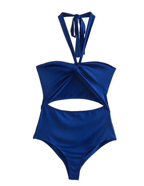 Fashion Blue Solid Color Halter Tie Cutout Bodysuit
