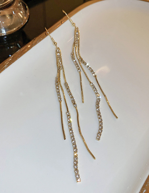 Fashion Ear Hook - Gold Color Brass Diamond Tassel Drop Earrings
