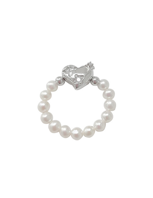 Fashion Ring - Silver Color Heart Pearl Beaded Heart Ring